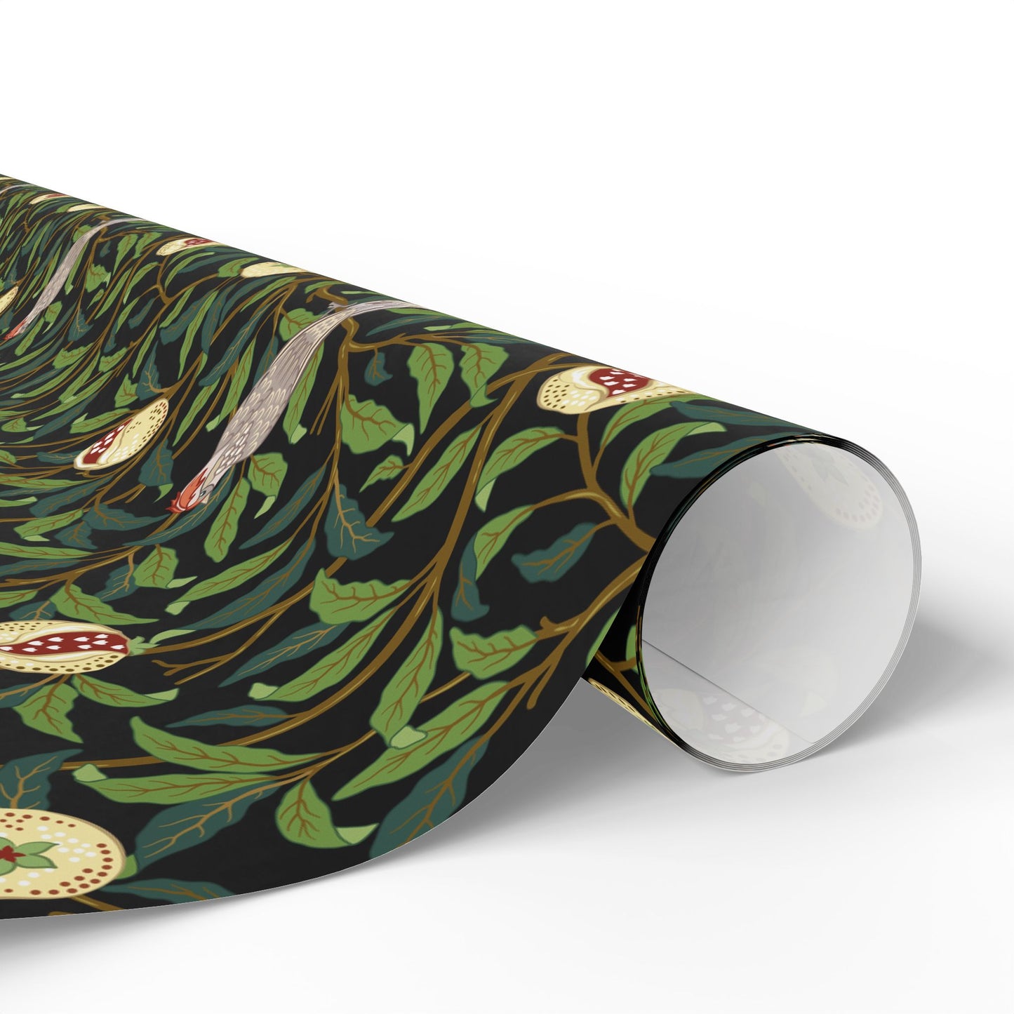 Roll of decorative paper with nature-themed design on a white background