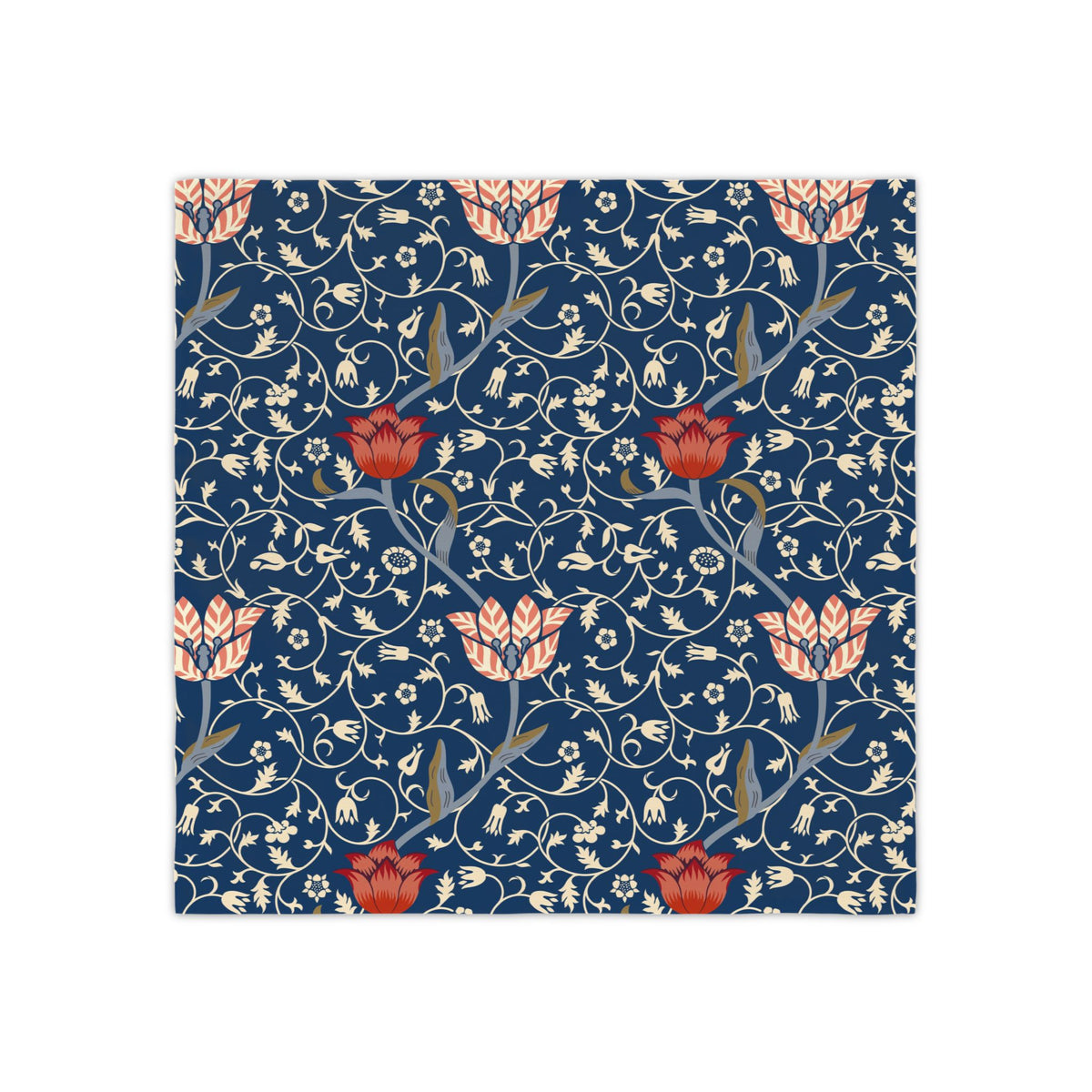 A square piece of fabric table napkins featuring a classic floral pattern on a navy blue background, with cream-coloured vines and flowers, and red-orange tulips. The item is centered on a clean white background.