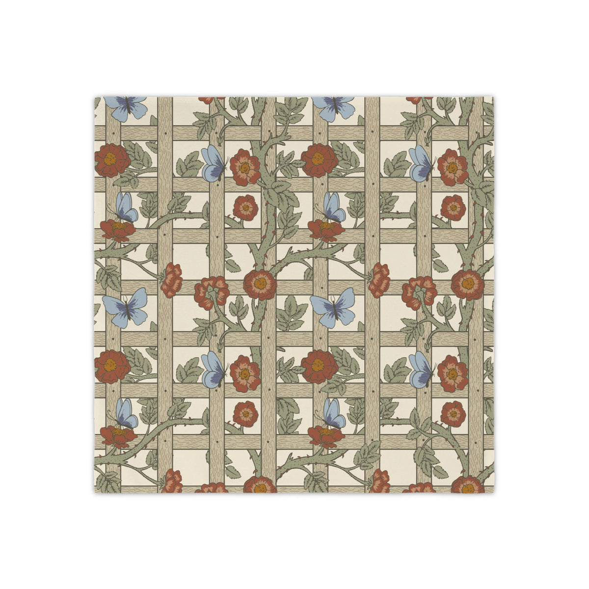 A square fabric or wallpaper sample featuring a vintage-style floral trellis pattern on a cream background, with beige wooden lattice, red flowers, green leaves, and light blue butterflies.