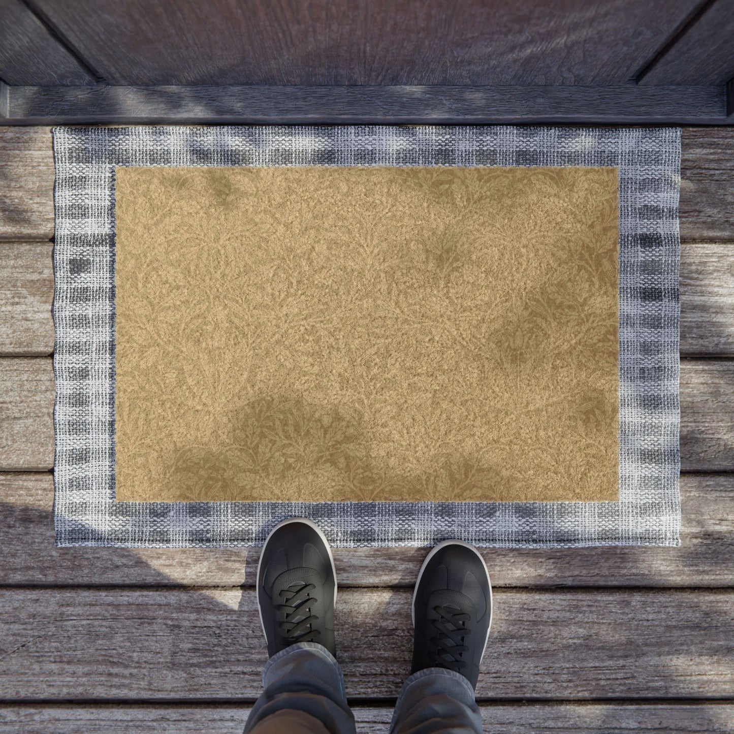 Rectangular beige doormat with an acorns and oak leaves pattern from a William Morris & Co floral pattern