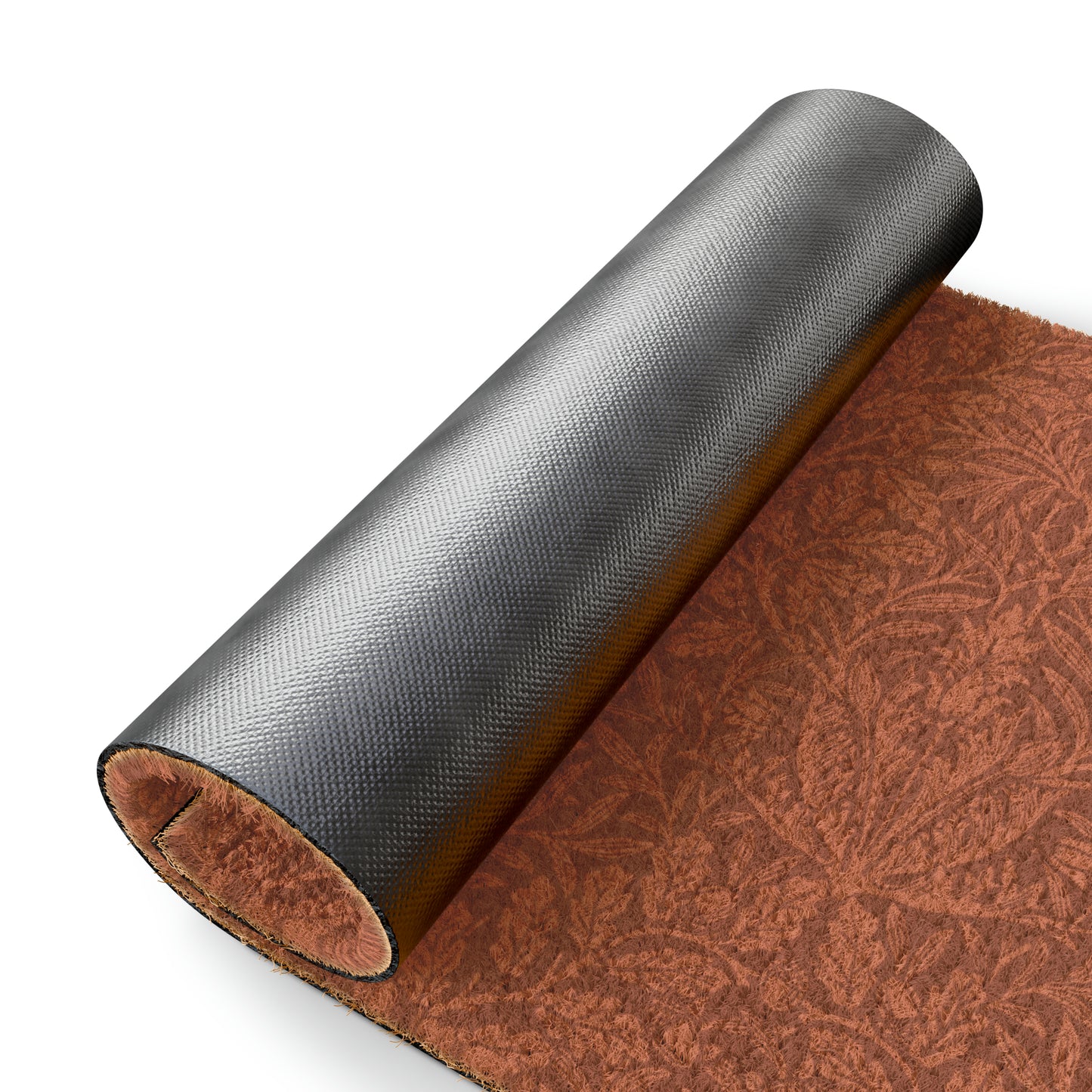 A rectangular coconut coir doormat with an intricate floral William Morris & Co pattern in a rust colour, mainly for outdoor use.