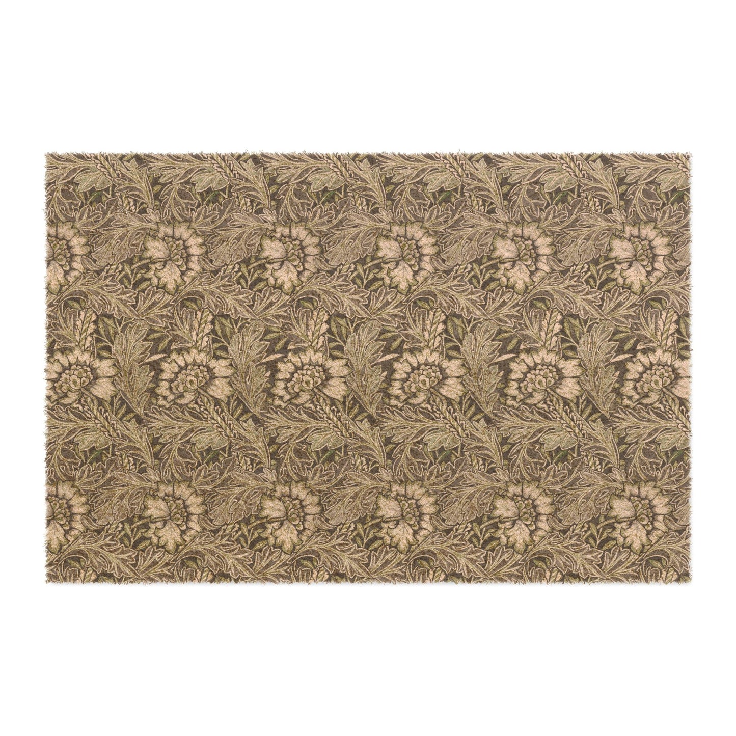 A rectangular area rug with a dense, repeating floral and botanical pattern in muted beige, brown, and olive green tones, shown flat against a plain white background.