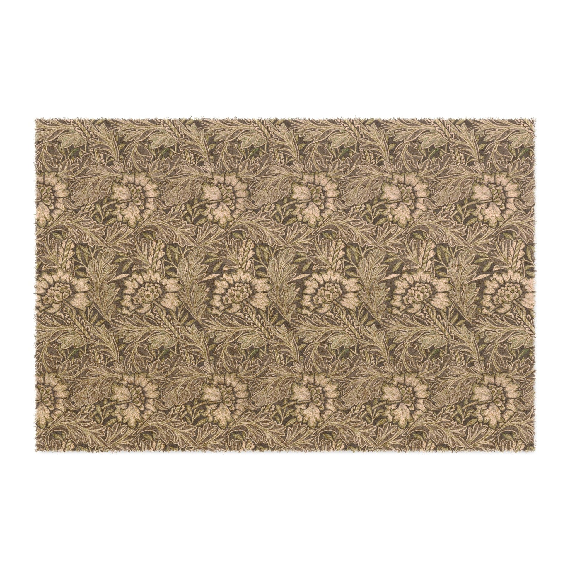 A rectangular area rug with a dense, repeating floral and botanical pattern in muted beige, brown, and olive green tones, shown flat against a plain white background.