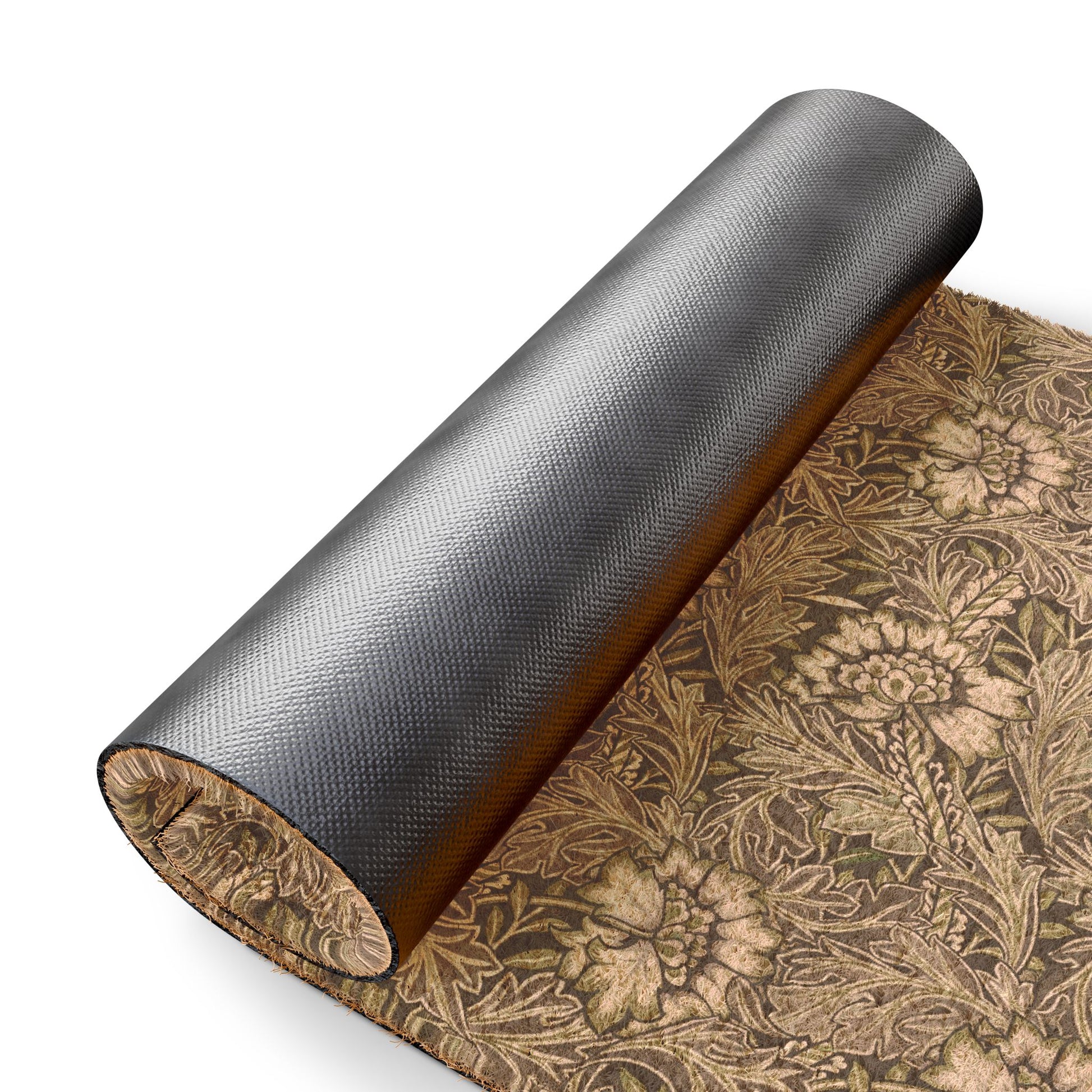 A roll of textured wallpaper with a dark charcoal gray front and a vintage floral pattern in brown and beige tones, shown partially unrolled on a white background.