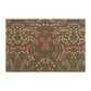 A rectangular area rug with a dense floral and botanical pattern in muted earthy tones, featuring a dark olive-brown background with cream, pink, and sage green details.