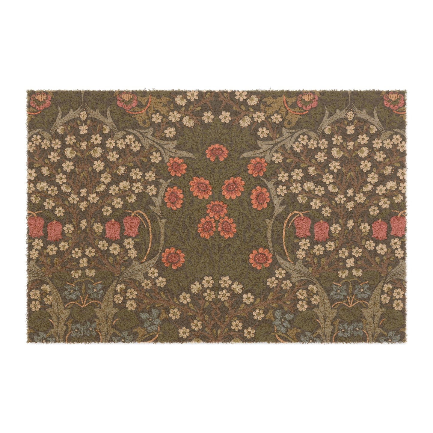 A rectangular area rug with a dense floral and botanical pattern in muted earthy tones, featuring a dark olive-brown background with cream, pink, and sage green details.