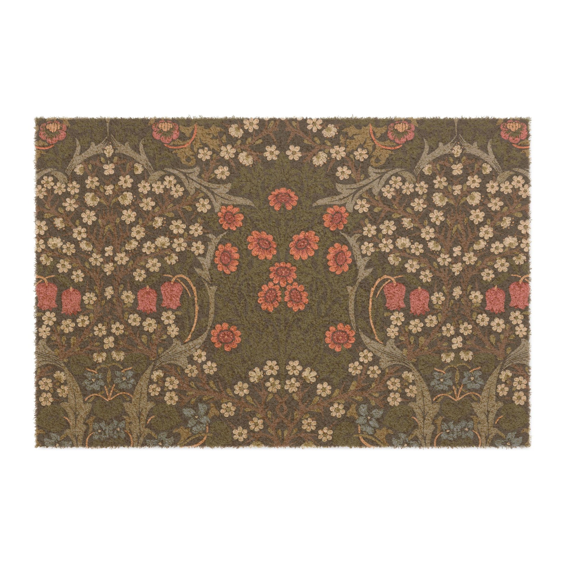 A rectangular area rug with a dense floral and botanical pattern in muted earthy tones, featuring a dark olive-brown background with cream, pink, and sage green details.