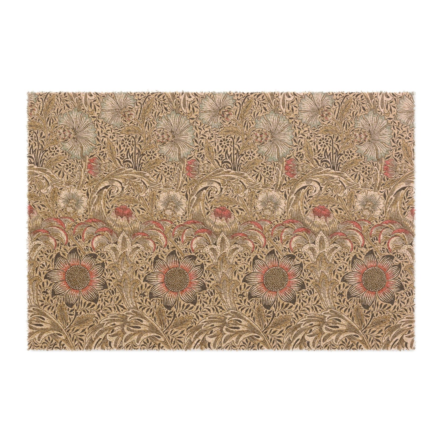 A rectangular area rug featuring a dense, vintage-style botanical pattern with floral and leafy motifs in beige, brown, muted red, and gray tones, shown flat against a plain white background.