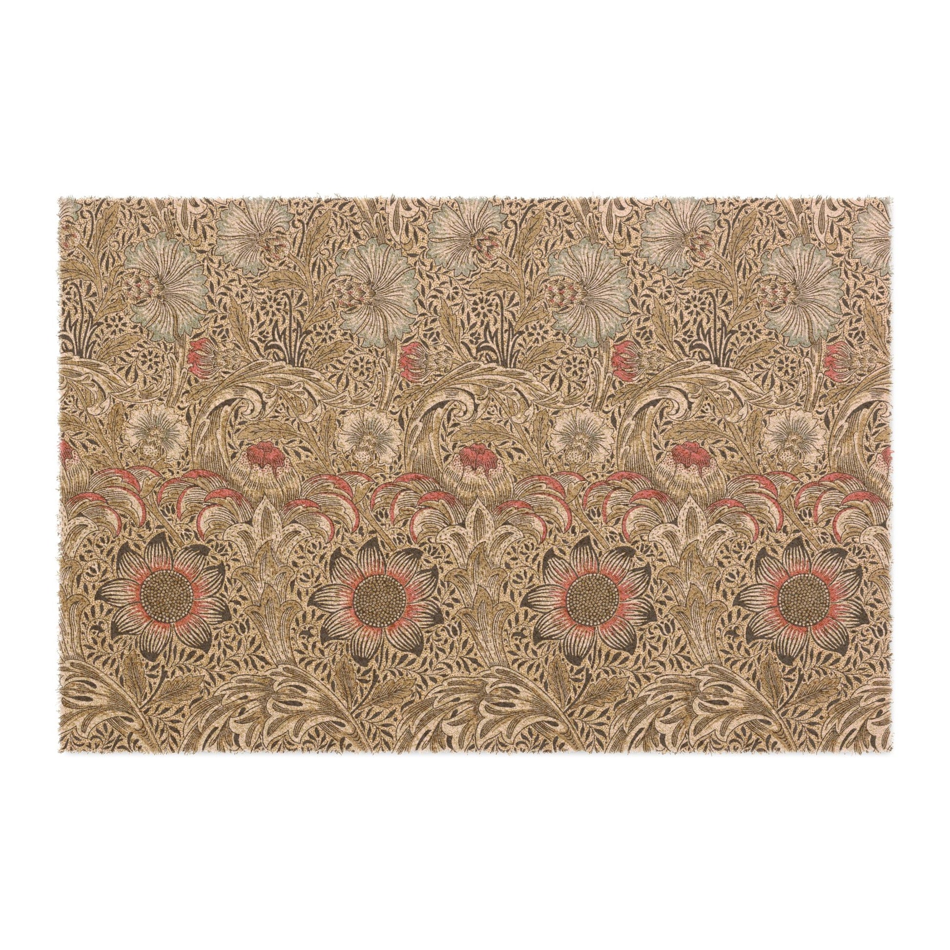 A rectangular area rug featuring a dense, vintage-style botanical pattern with floral and leafy motifs in beige, brown, muted red, and gray tones, shown flat against a plain white background.