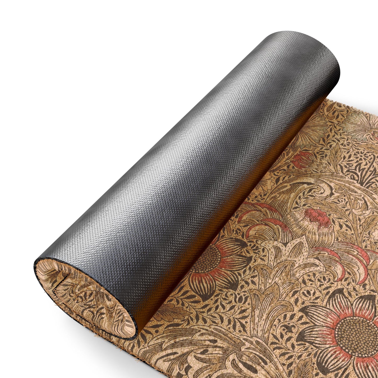 Coir mat with a metallic roll on a white background