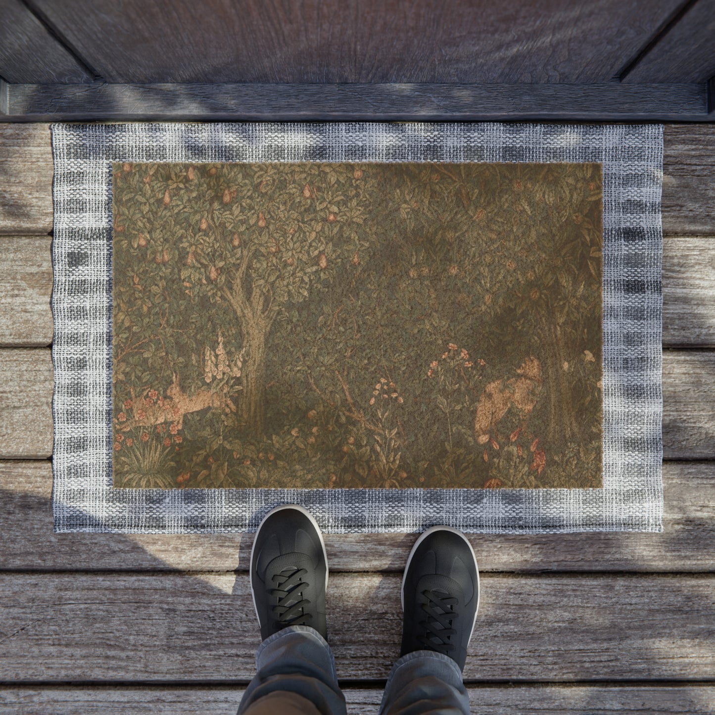 Coconut Coir Doormat in floral dark green inspired by William Morris & Co - Greenery Collection (Fox and Rabbit)