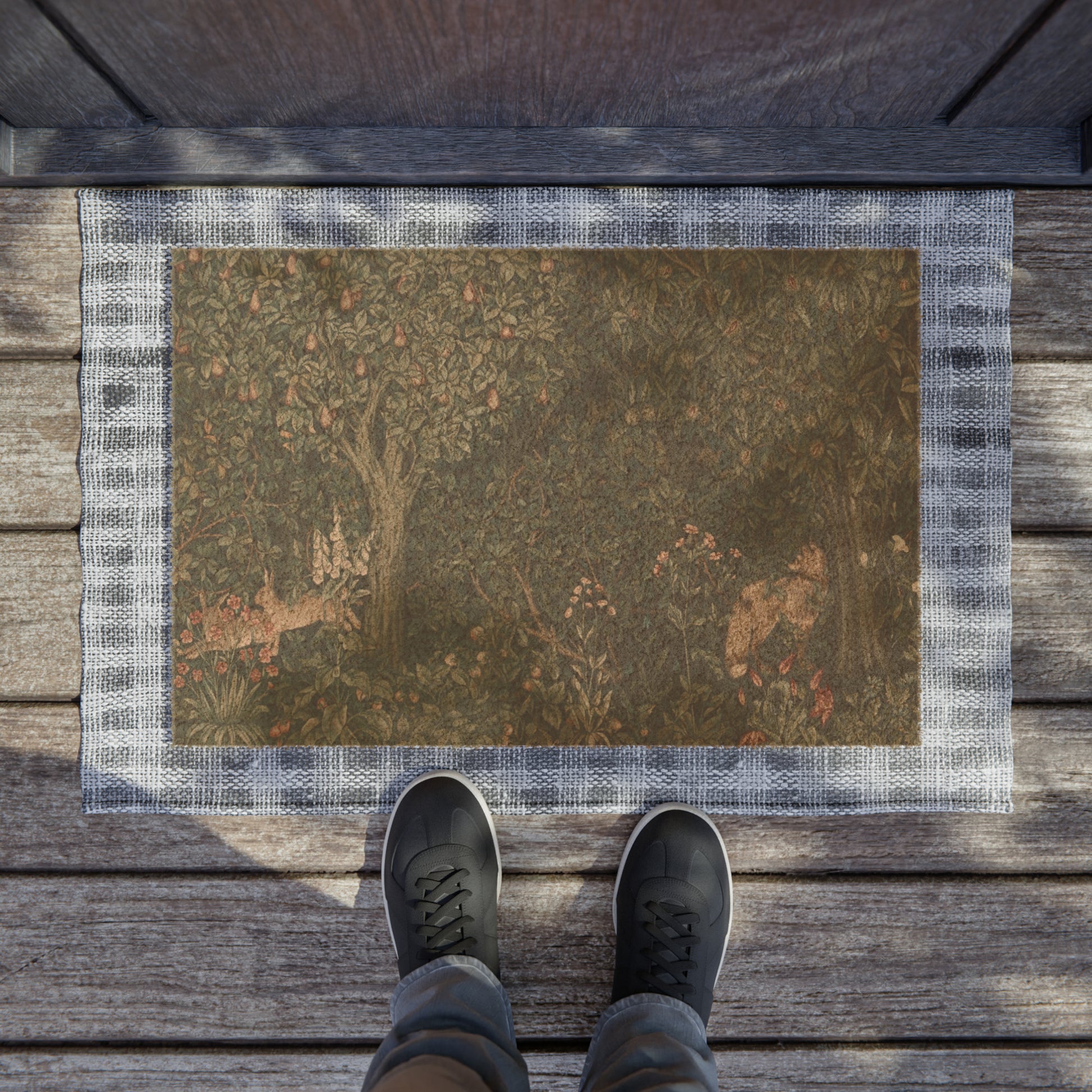 Coconut Coir Doormat in floral dark green inspired by William Morris & Co - Greenery Collection (Fox and Rabbit)