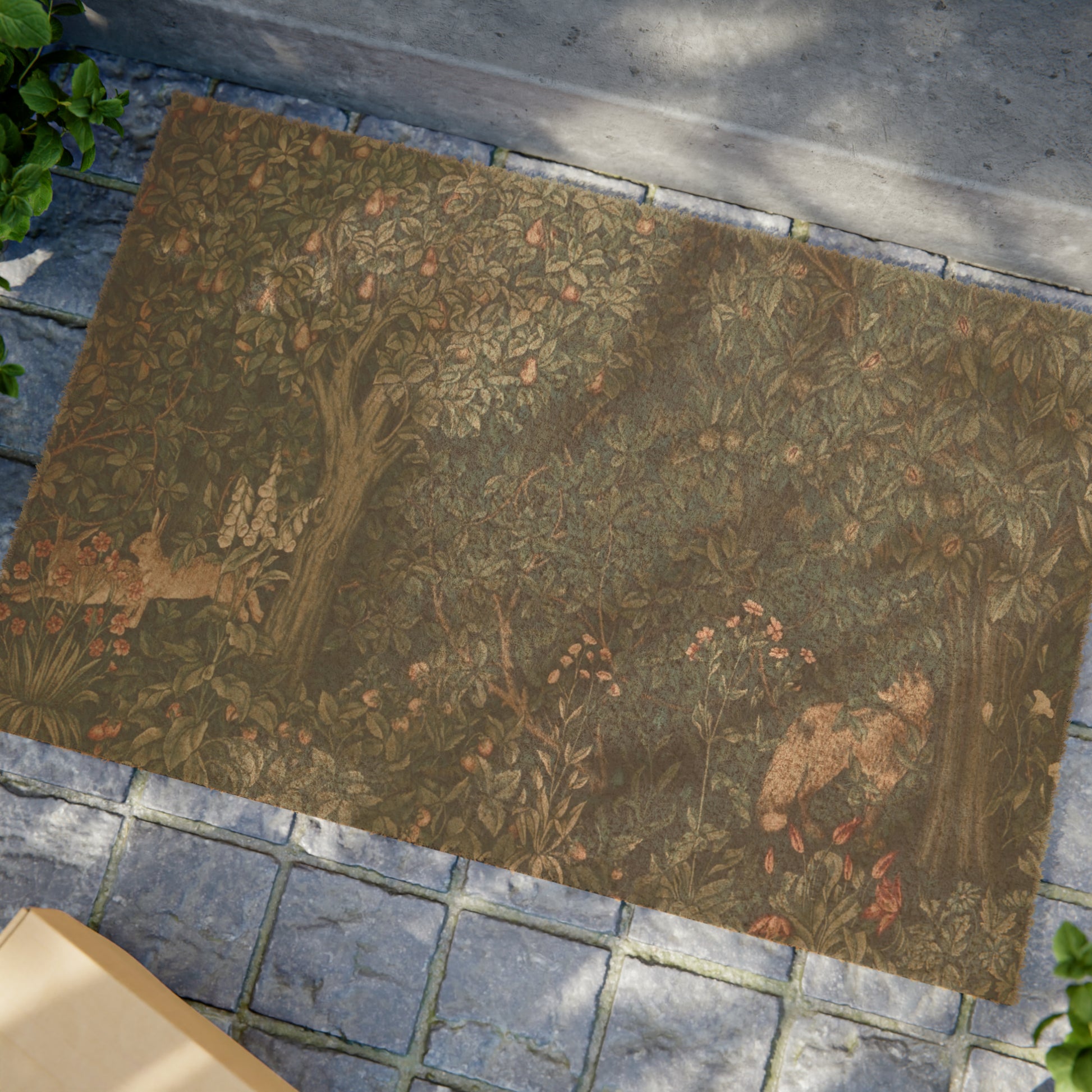 Coconut Coir Doormat in floral dark green inspired by William Morris & Co - Greenery Collection (Fox and Rabbit)