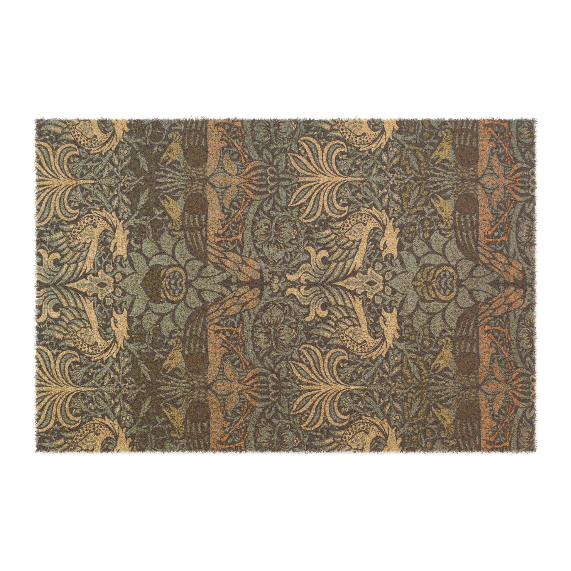 Decorative rug with intricate floral and bird pattern on a white background