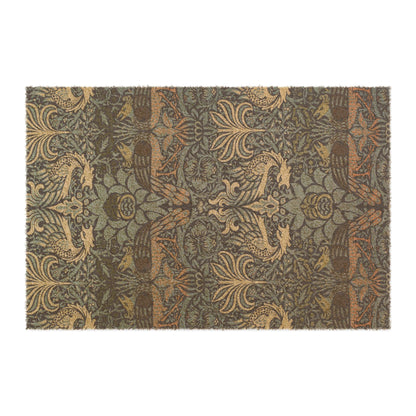 Decorative rug with intricate floral and bird pattern on a white background