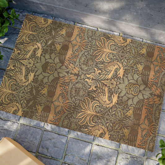 Decorative doormat with intricate patterns on a stone pavement