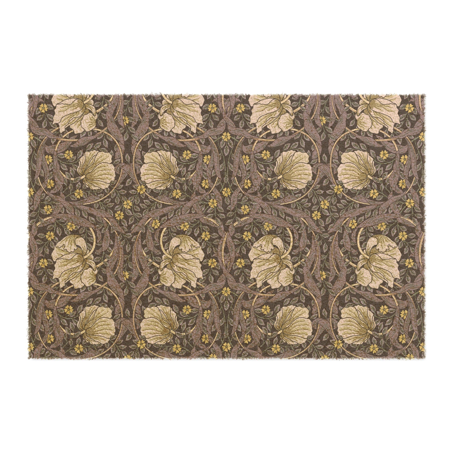 A rectangular coconut coir doormat with an intricate floral William Morris & Co pattern in shades of lavender and gold, with a black vinyl backing.