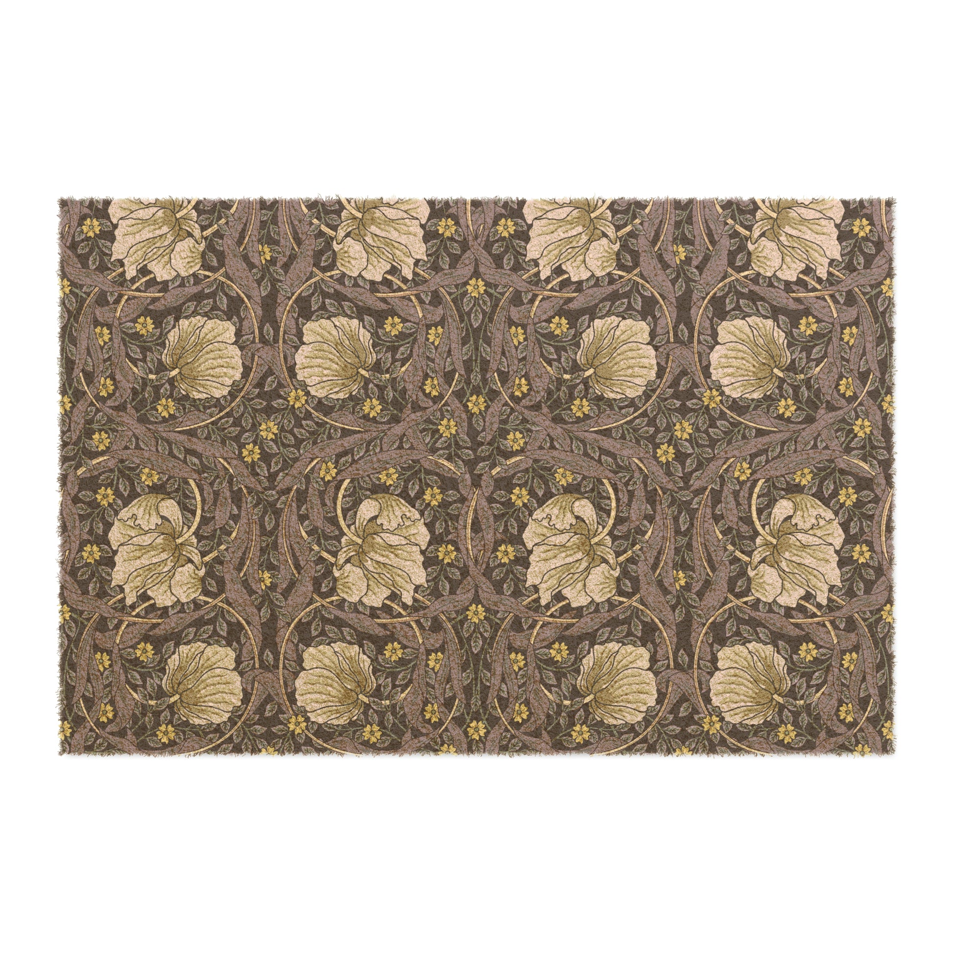 A rectangular coconut coir doormat with an intricate floral William Morris & Co pattern in shades of lavender and gold, with a black vinyl backing.