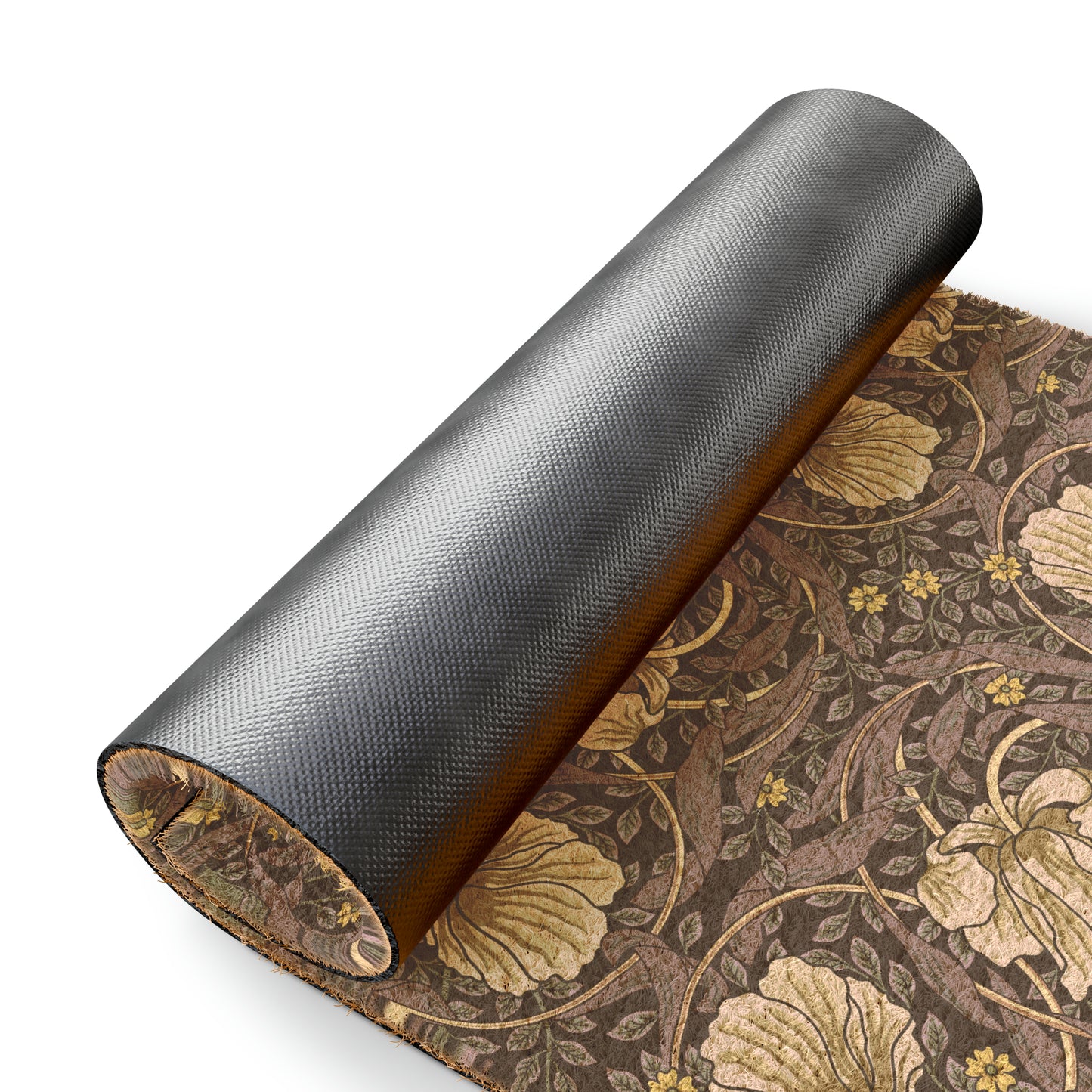 A rectangular coconut coir doormat with an intricate floral William Morris & Co pattern in shades of lavender and gold, with a black vinyl backing.