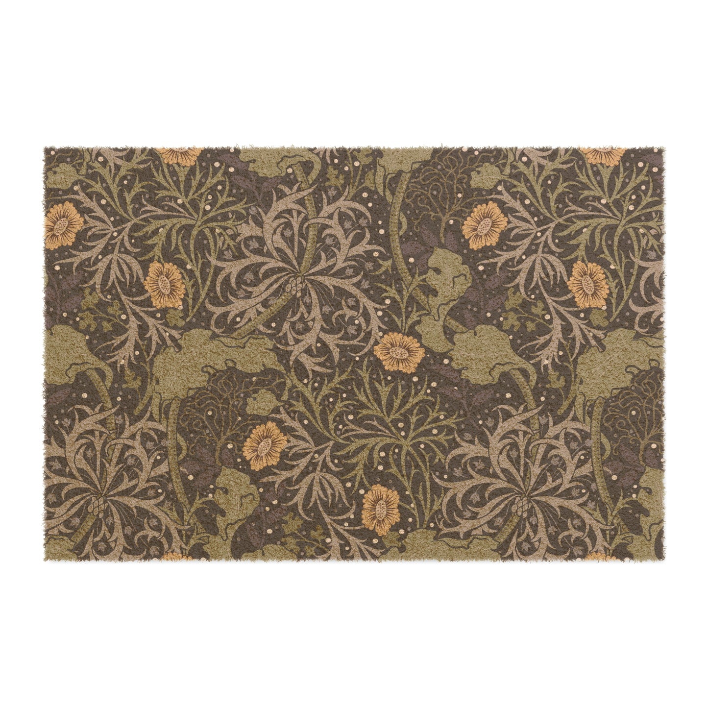 Rectangular doormat with a floral pattern in yellow and green floral shades by William Morris & Co, featuring a vinyl backing.