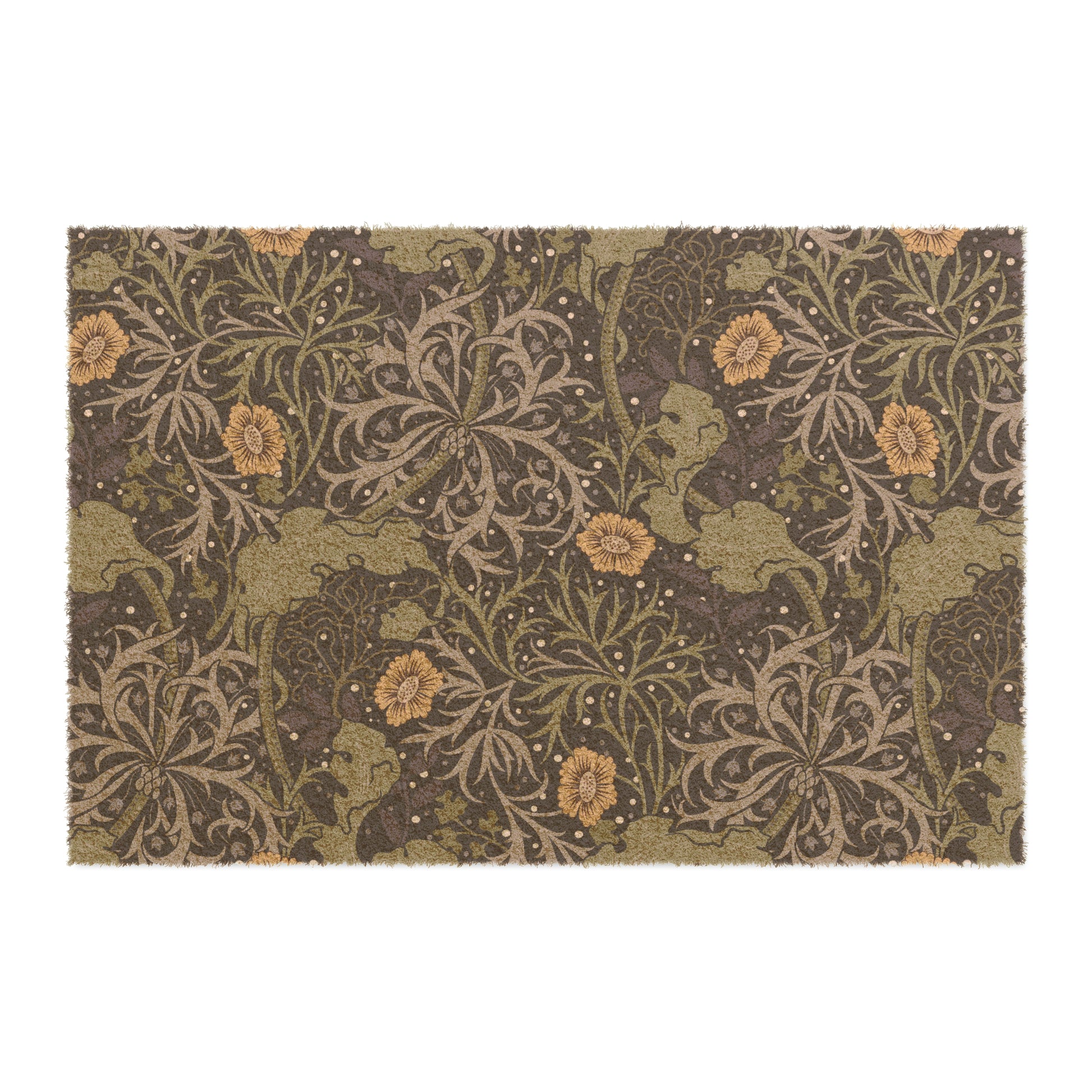 Rectangular doormat with a floral pattern in yellow and green floral shades by William Morris & Co, featuring a vinyl backing.