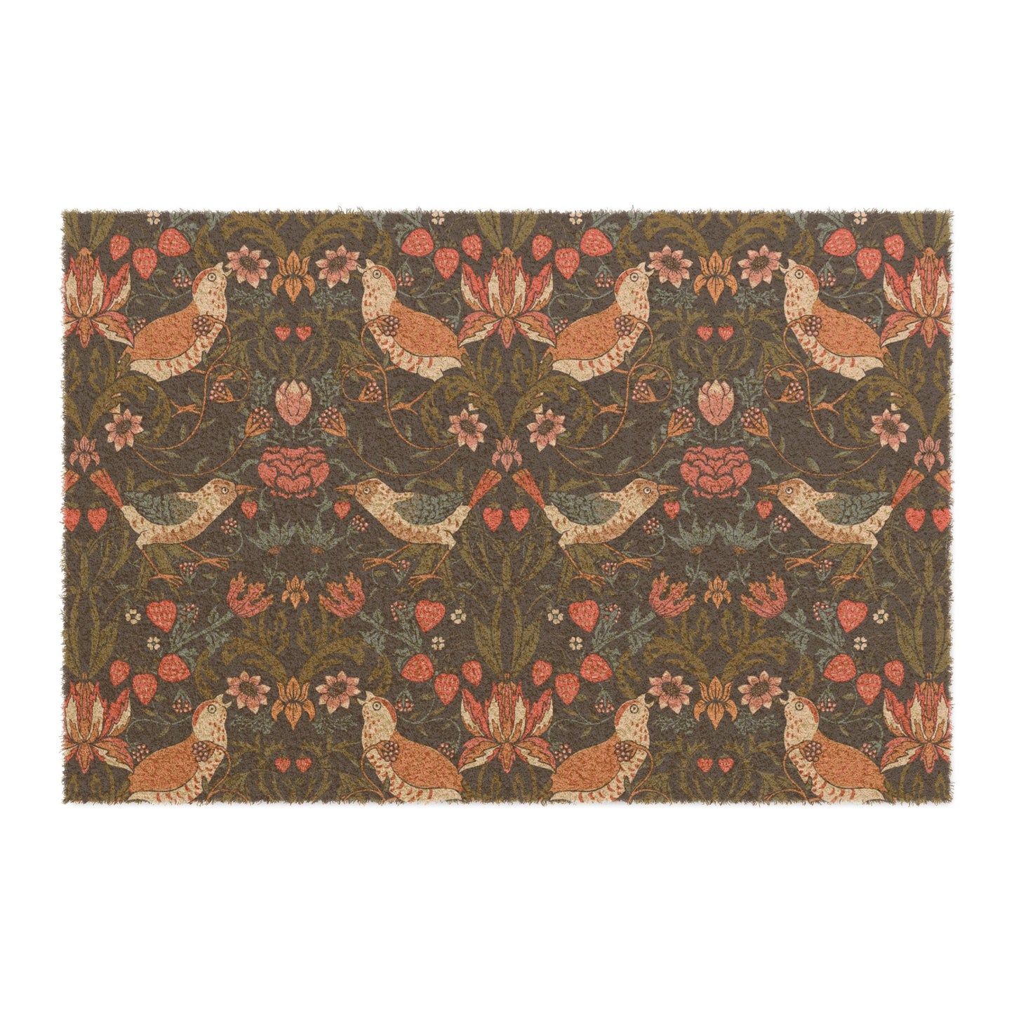 A rectangular coconut coir doormat with a floral pattern featuring birds and strawberries, predominantly in brown and green shades.