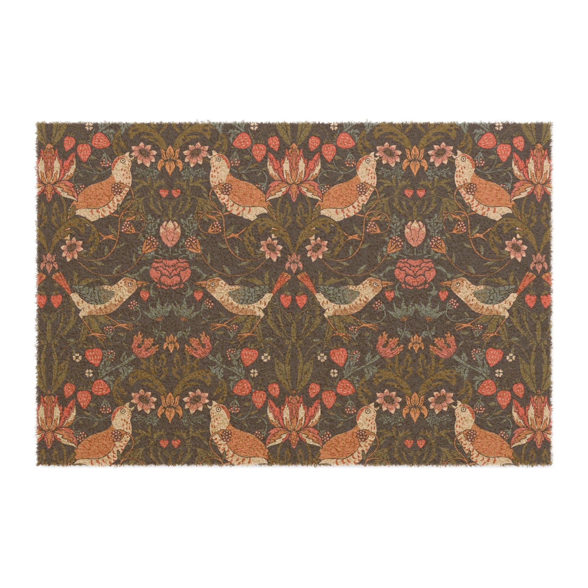 A rectangular coconut coir doormat with a floral pattern featuring birds and strawberries, predominantly in brown and green shades.
