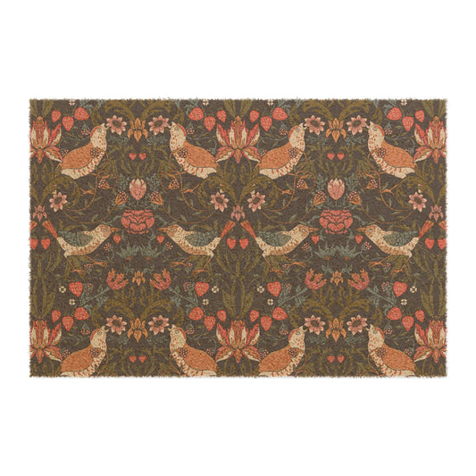 A rectangular coconut coir doormat with a floral pattern featuring birds and strawberries, predominantly in brown and green shades.