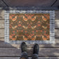 Decorative doormat with floral and chicken pattern on wooden floor.