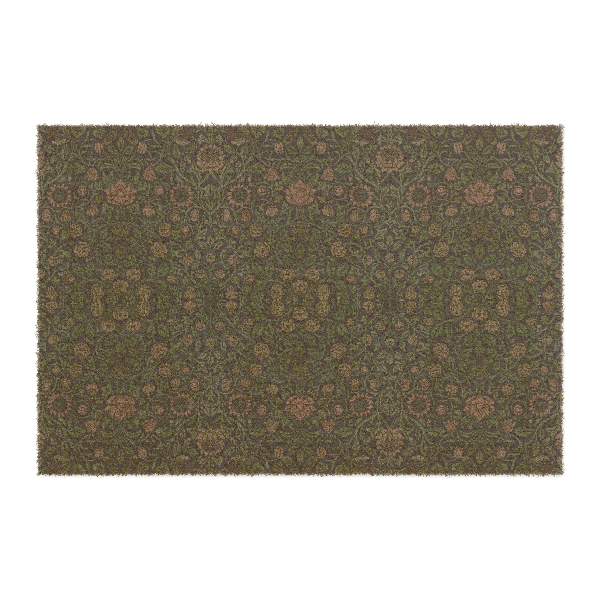 A rectangular green coconut coir doormat with an intricate geometric floral Wlliam Morris & Co pattern and a black vinyl backing, designed for outdoor use.