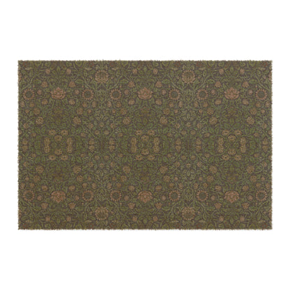 A rectangular green coconut coir doormat with an intricate geometric floral Wlliam Morris & Co pattern and a black vinyl backing, designed for outdoor use.
