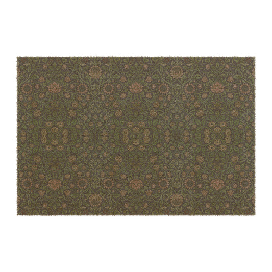 A rectangular green coconut coir doormat with an intricate geometric floral Wlliam Morris & Co pattern and a black vinyl backing, designed for outdoor use.