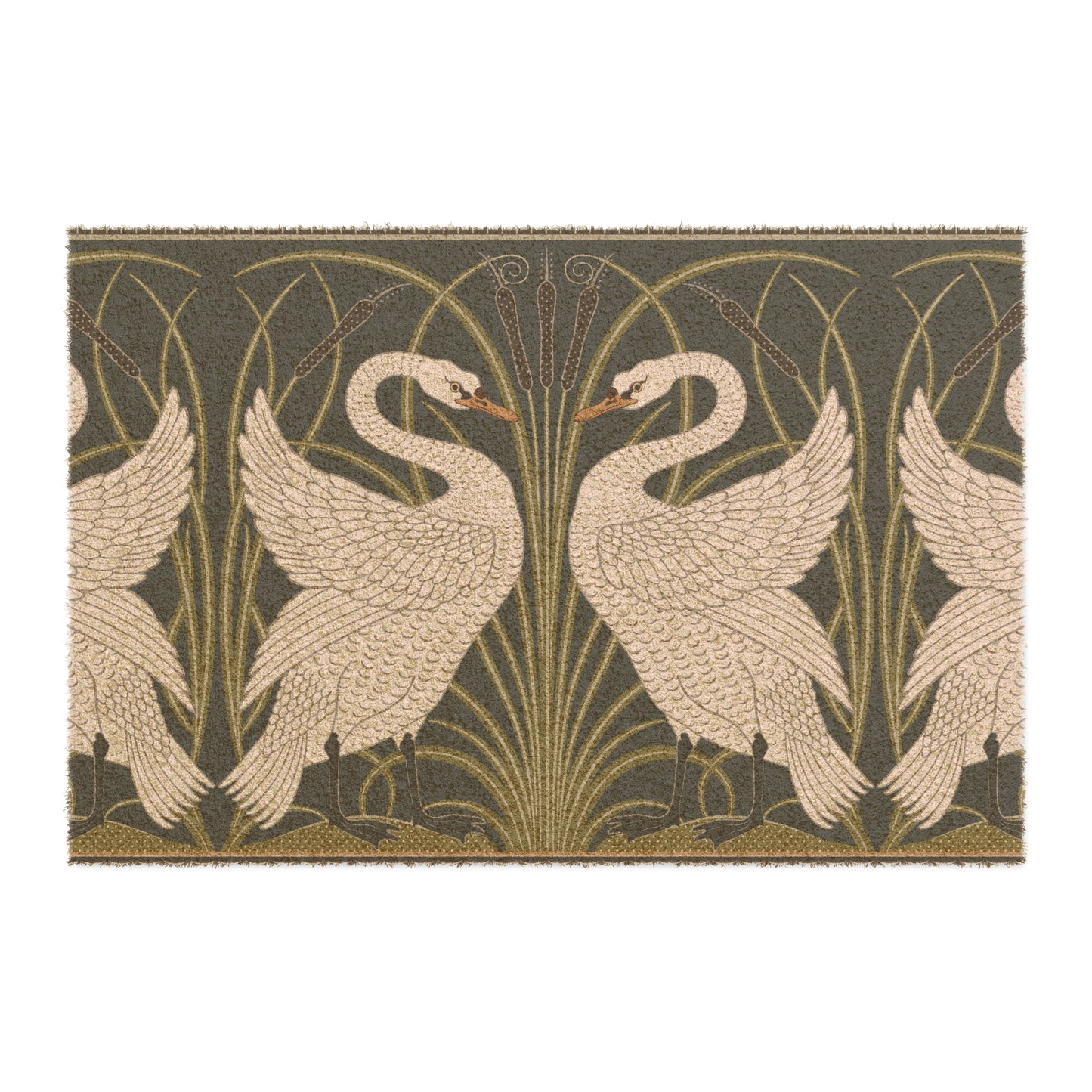 A rectangular doormat featuring a design of two white swans with a green and gold floral background, on a spruce green background.