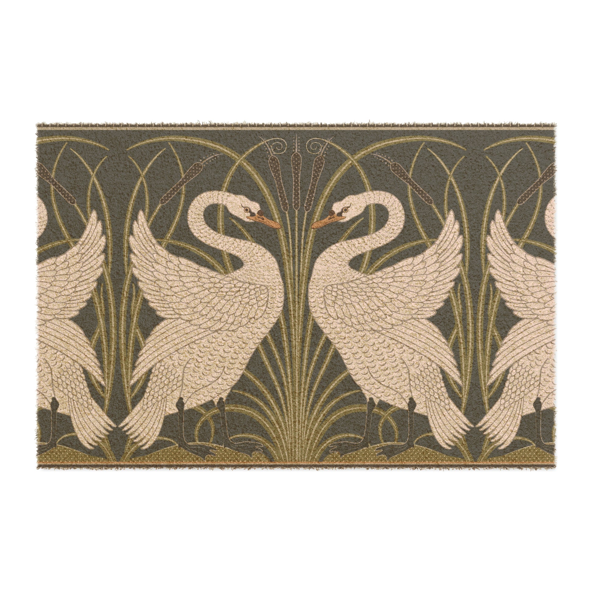 A rectangular doormat featuring a design of two white swans with a green and gold floral background, on a spruce green background.