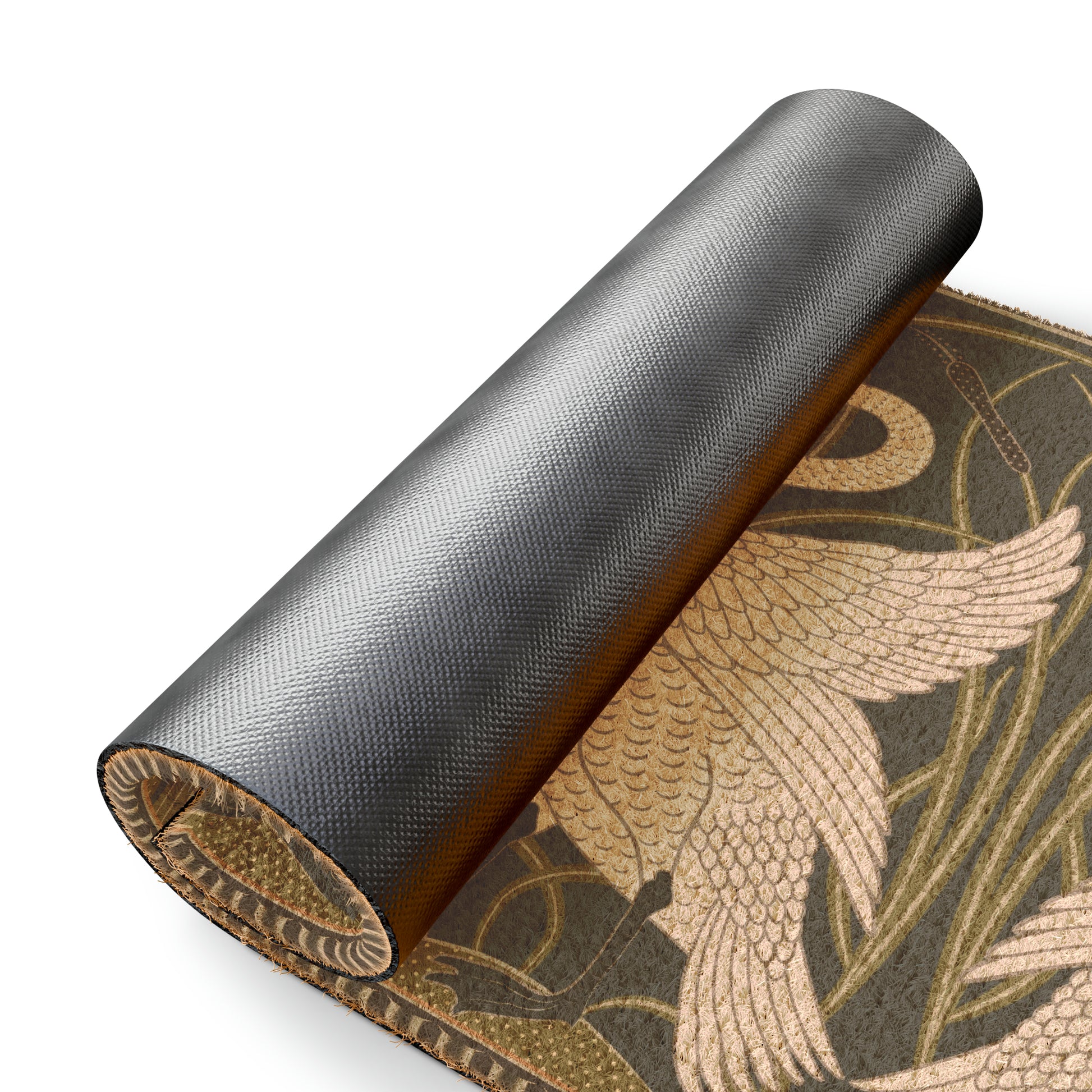 A rectangular doormat featuring a design of two white swans with a green and gold floral background, on a spruce green background.