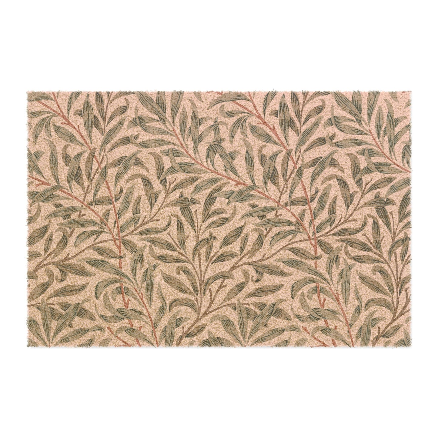 A rectangular area rug with a classic William Morris-style botanical pattern featuring green leaves and reddish-brown stems on a warm beige background, shown flat against a white backdrop.