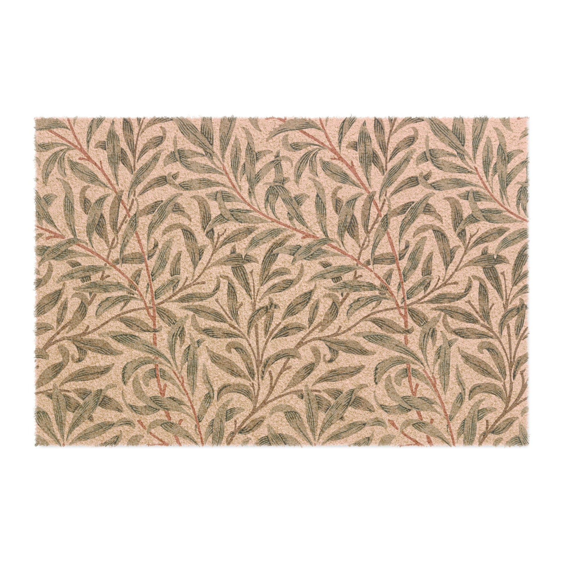 A rectangular area rug with a classic William Morris-style botanical pattern featuring green leaves and reddish-brown stems on a warm beige background, shown flat against a white backdrop.