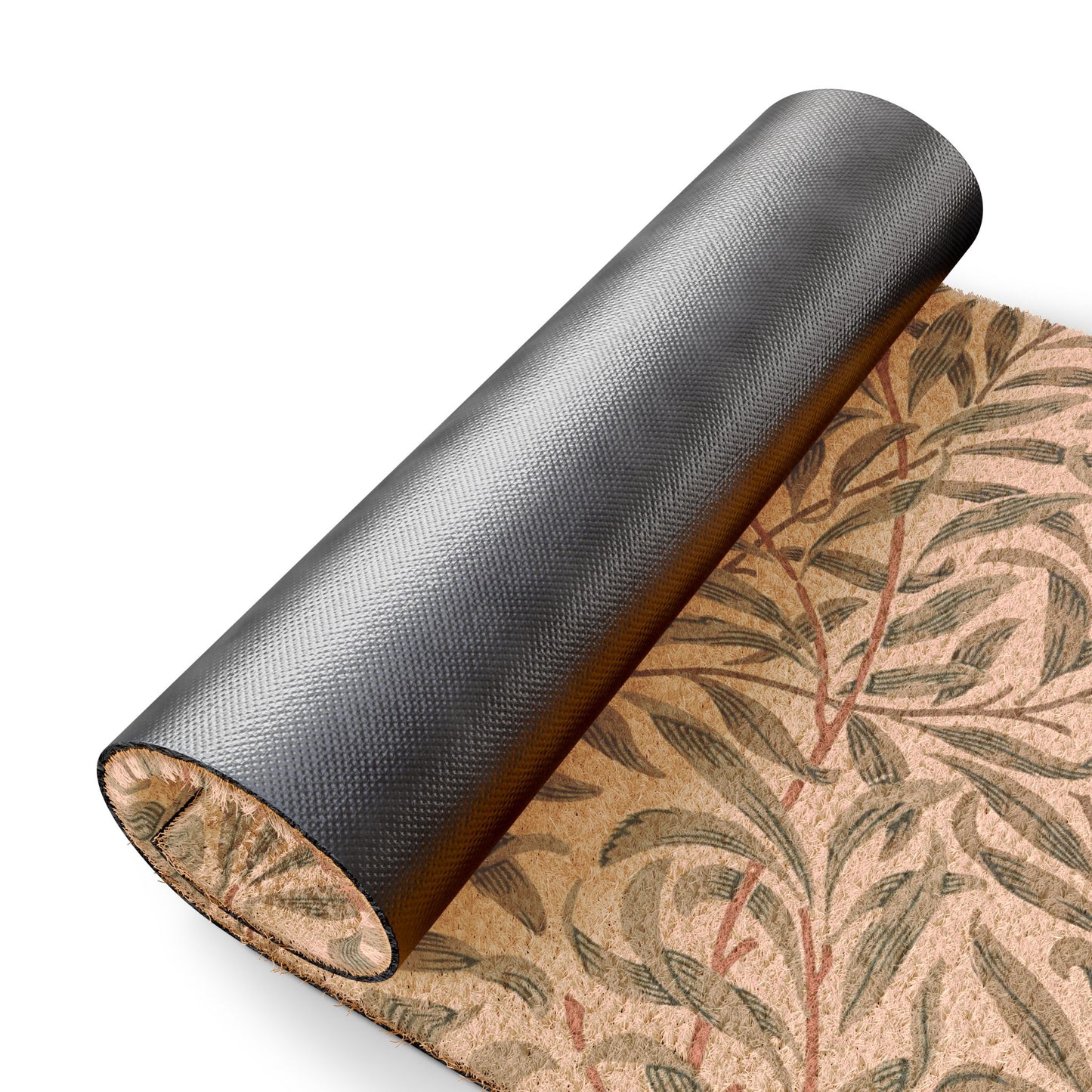 A rolled-up dark gray textured mat or underlay placed diagonally over a beige area rug with a botanical leaf pattern, shown on a clean white background.