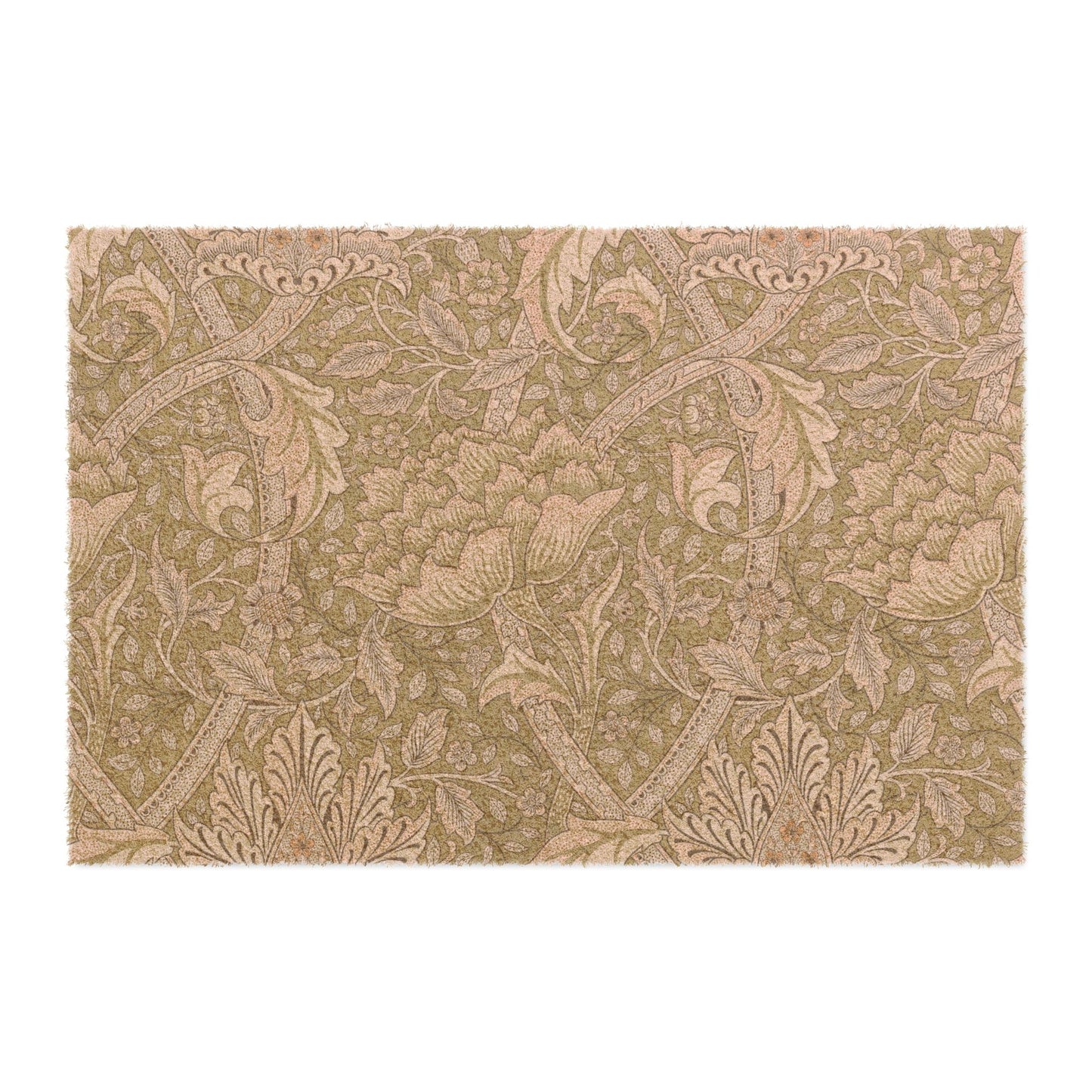 A rectangular area rug with a classic botanical pattern in warm beige and taupe tones, shown flat against a white background.