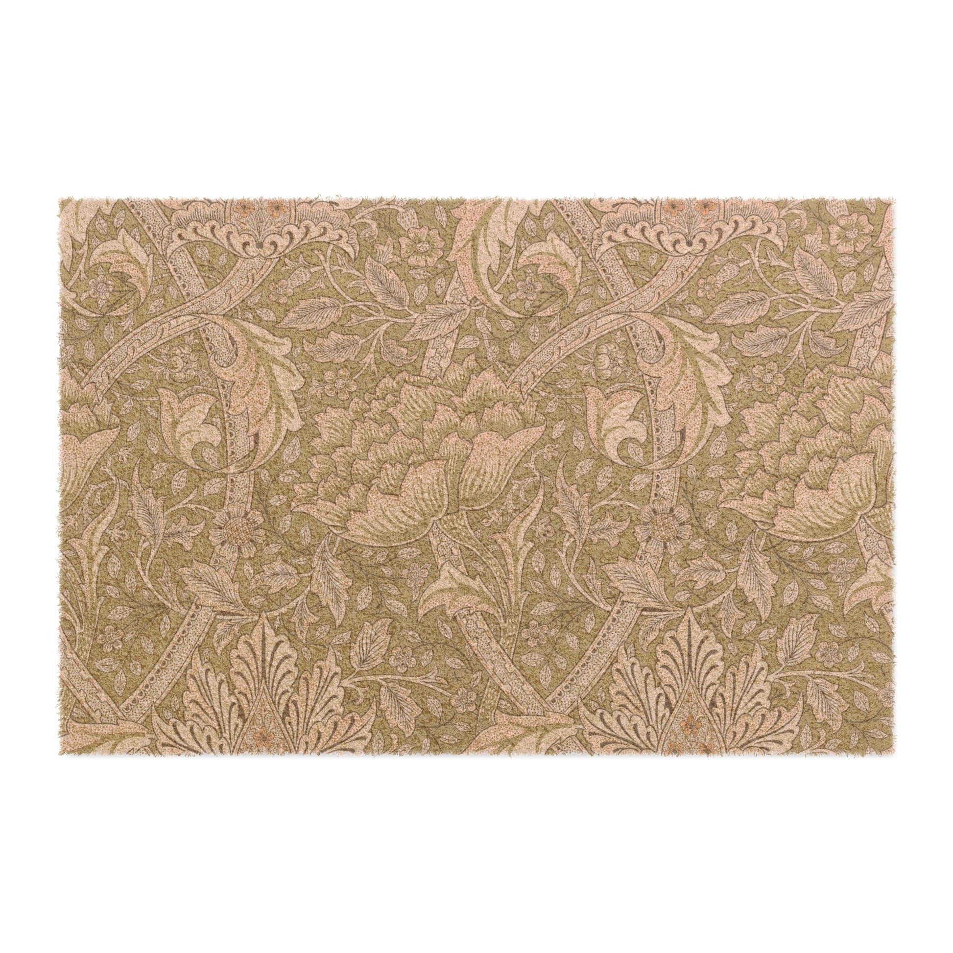 A rectangular area rug with a classic botanical pattern in warm beige and taupe tones, shown flat against a white background.