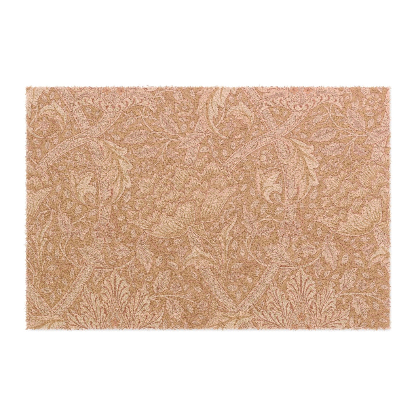 A rectangular area rug with a classic William Morris-style floral and botanical pattern in warm beige and tan tones, shown flat against a white background.