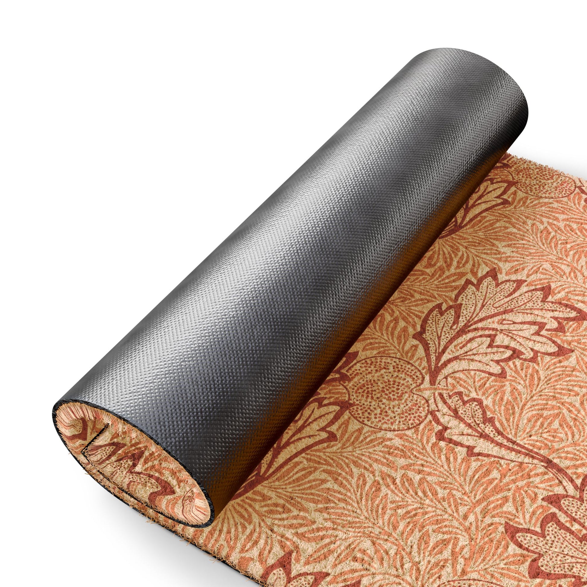 A rolled sheet of patterned wallpaper or fabric shown on a white background, with the outer roll in dark charcoal and the unrolled section displaying a warm orange and brown botanical pattern.