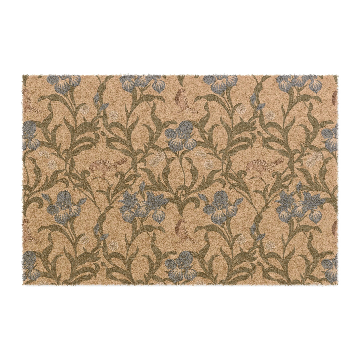 A rectangular coconut coir doormat with a floral pattern inspired by William Morris, featuring shades of blue, beige, and brown.