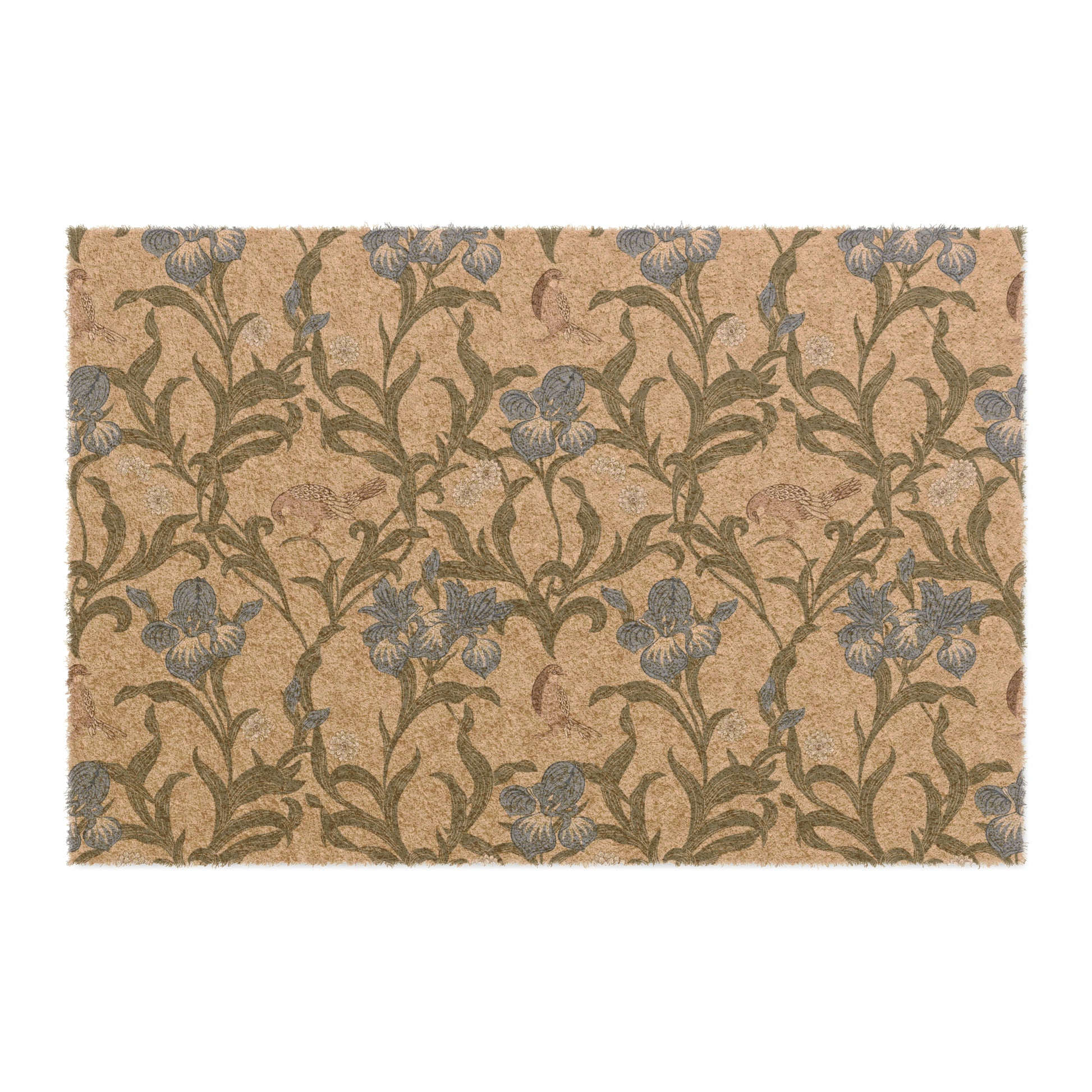 A rectangular coconut coir doormat with a floral pattern inspired by William Morris, featuring shades of blue, beige, and brown.
