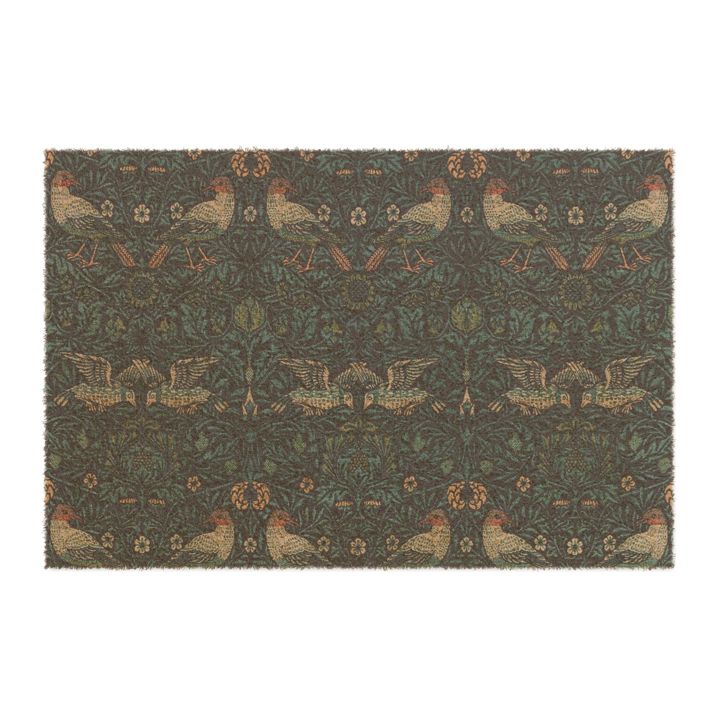 A rectangular coconut coir doormat with an intricate floral and animal pattern design, primarily in brown and green colours, with a black vinyl backing.