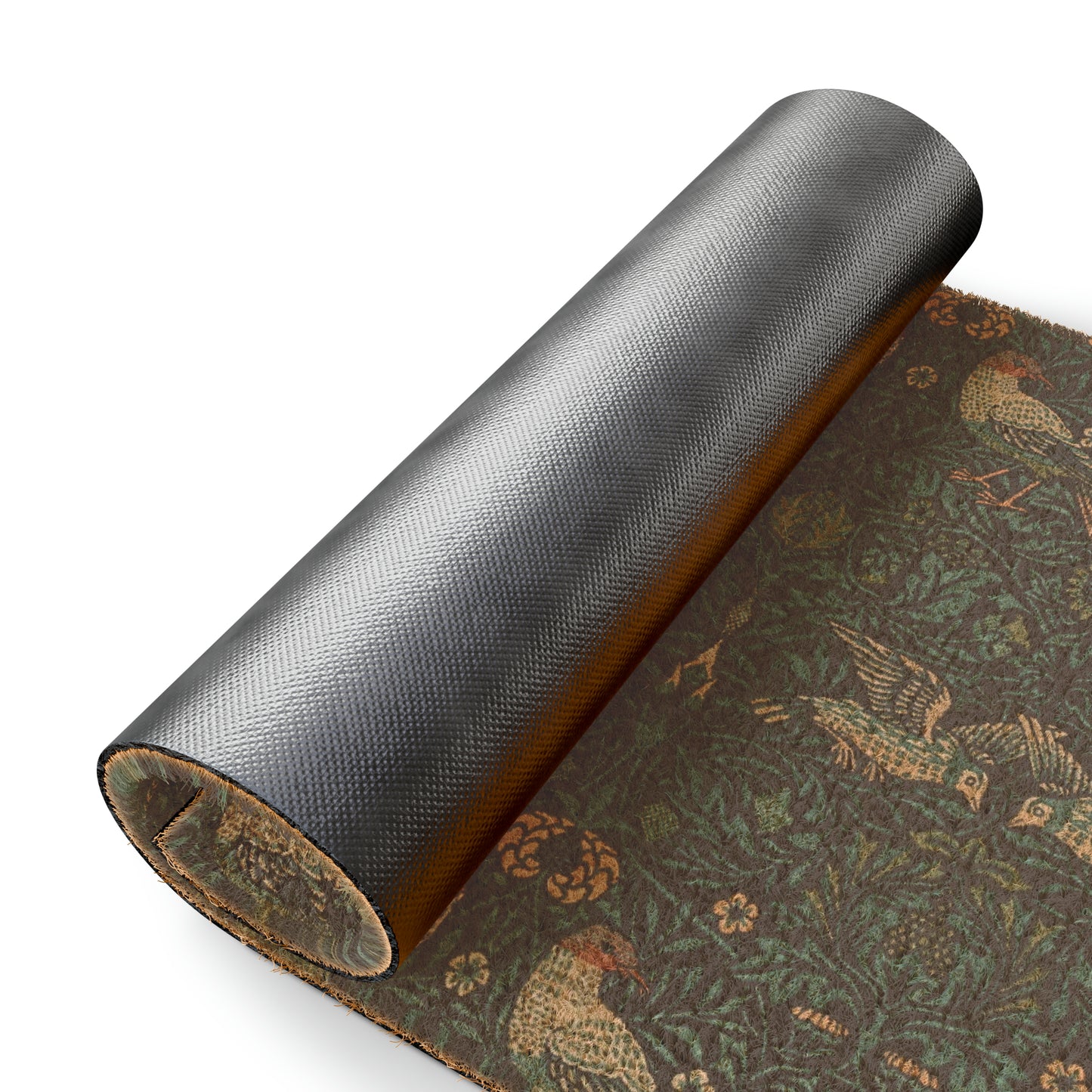 A rectangular coconut coir doormat with an intricate floral and animal pattern design, primarily in brown and green colours, with a black vinyl backing.