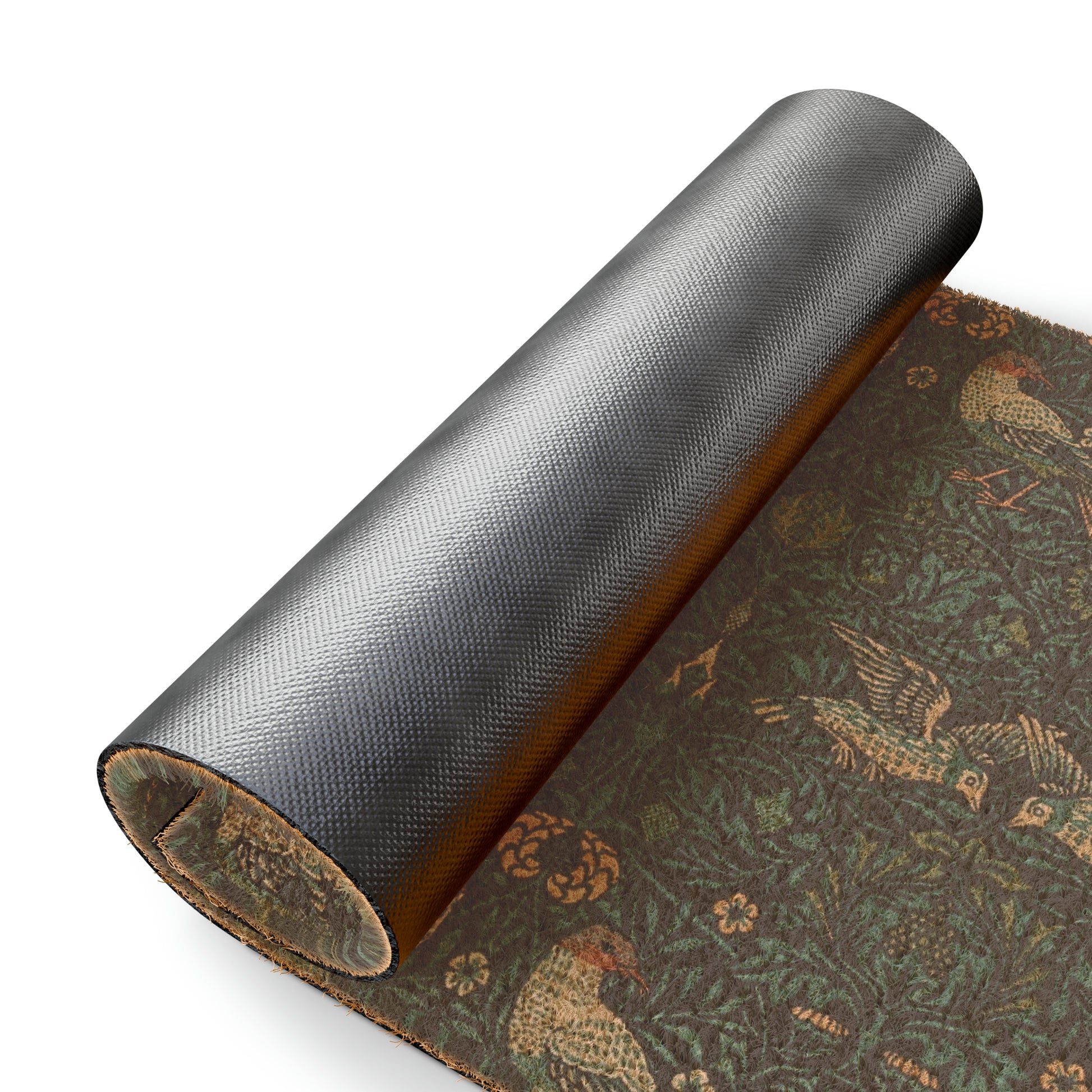 A rectangular coconut coir doormat with an intricate floral and animal pattern design, primarily in brown and green colours, with a black vinyl backing.