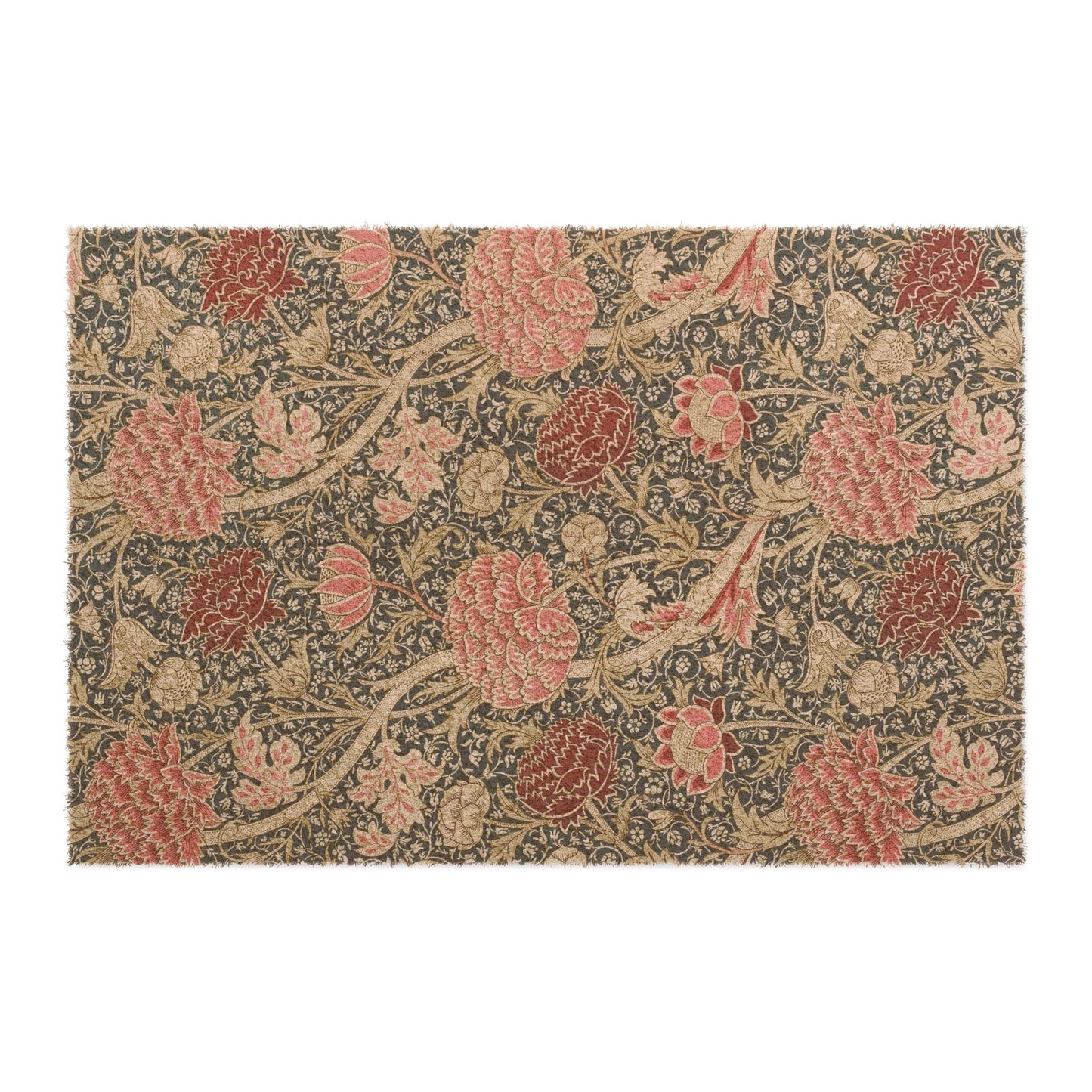 A rectangular area rug featuring a dense floral and botanical pattern with pink and red flowers, beige leaves, and a dark gray background, shown flat against a white backdrop.