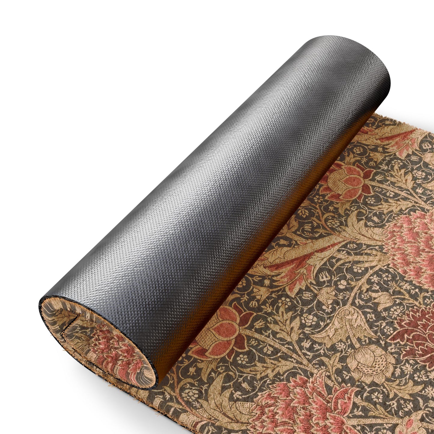 A rolled-up dark gray textured mat or rug shown on a white background, with part of the unrolled section revealing an ornate floral pattern in beige, red, and brown.