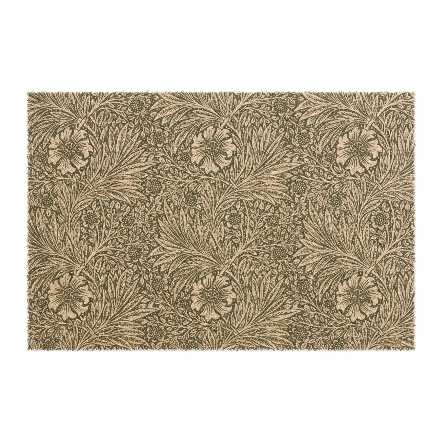 A rectangular area rug featuring a classic William Morris-style floral and leaf pattern in muted taupe, brown, and beige tones, shown flat against a plain white background.